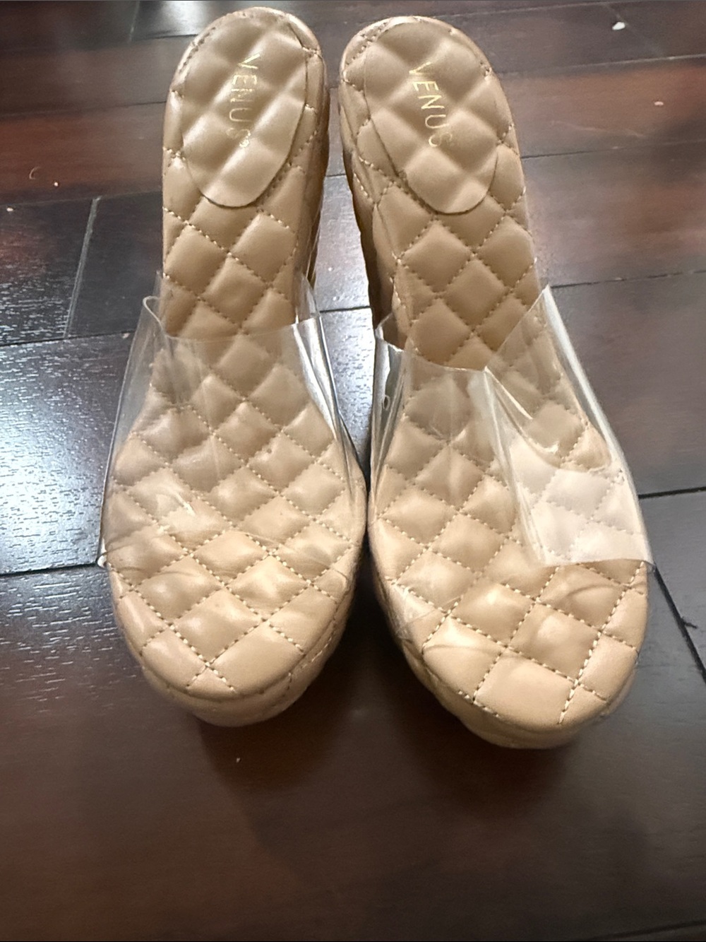VENUS Quilted Tan Wedge Sandals with Clear Strap Accent
